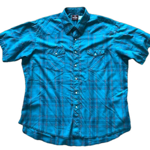 Wrangler Vintage Mens XXL Teal Plaid Short Sleeve Shirt.